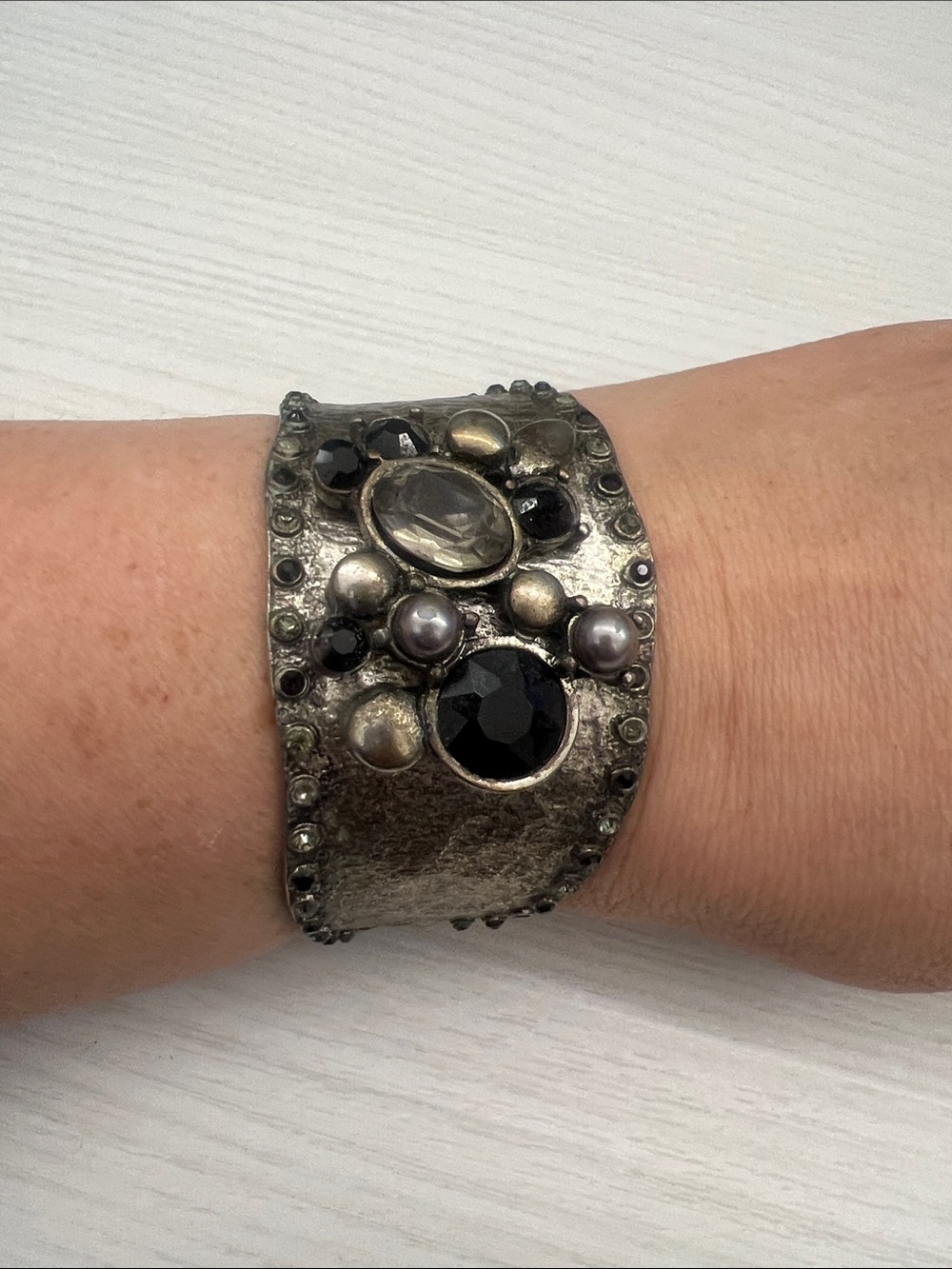 Double Strand Silver Pearl Bracelet with Antique Metal Accent